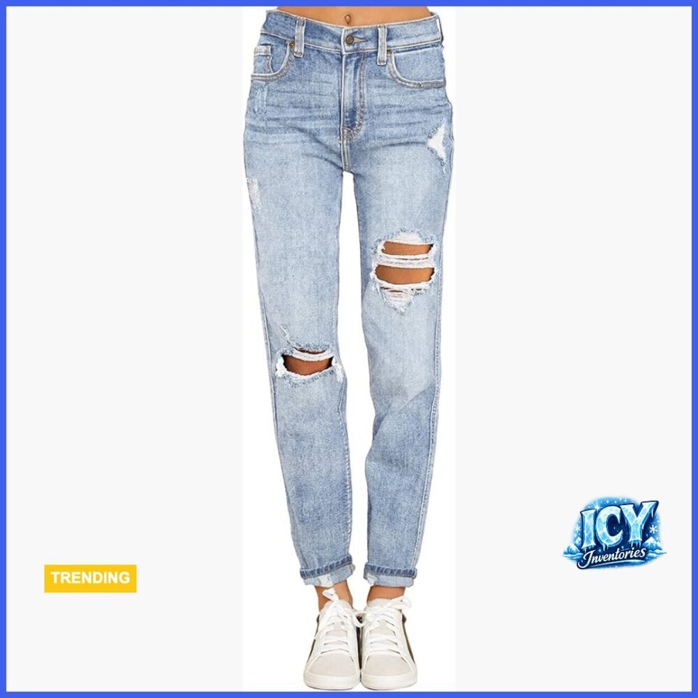 Stretch High Waisted Ripped Distressed Boyfriend Jeans Slim Denim Pants